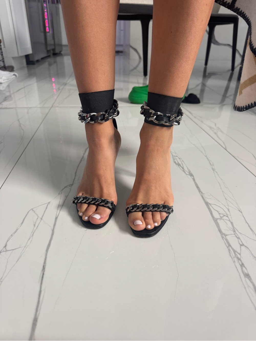 Balmain Black Chain-Trim Square Toe Ankle-Cuff Heels